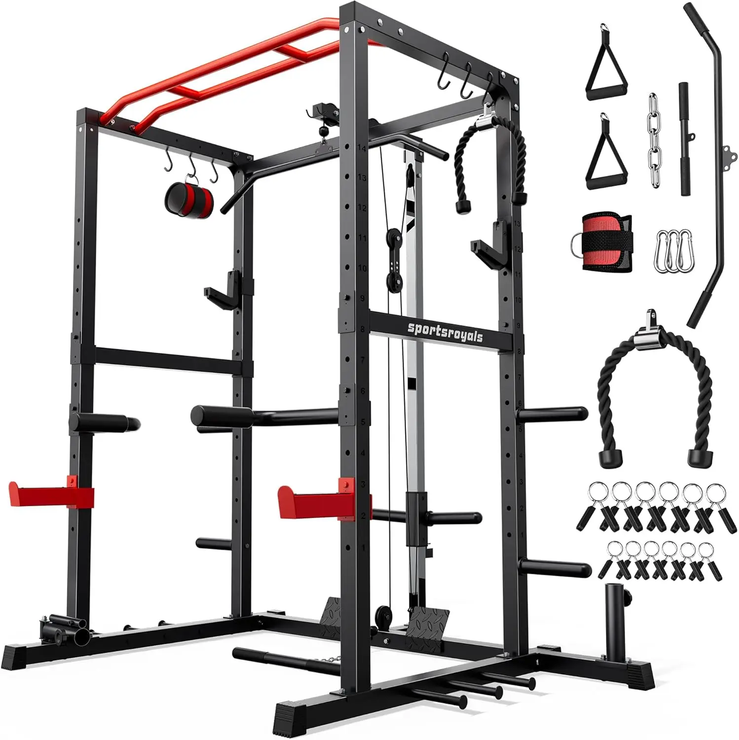 FED Fitness Sportsroyals Series RK2 Power Rack - Adjustable Squat Rack with LAT Pulldown System, Pulley, Dip Bars, Training Attachments, At-Home Gym Equipment for Strength Training