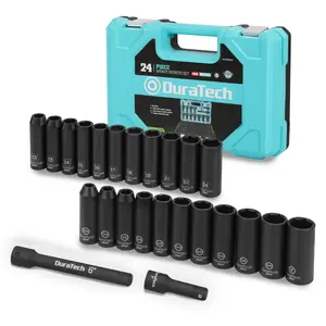 #SpringGlowUp DURATECH 24-Count Impact Socket Set, 1/2" Drive Deep Impact Socket Set with 2counts 1/2-Inch Hexagon Extension Bars, Metric ＆ SAE, Hard Case Included