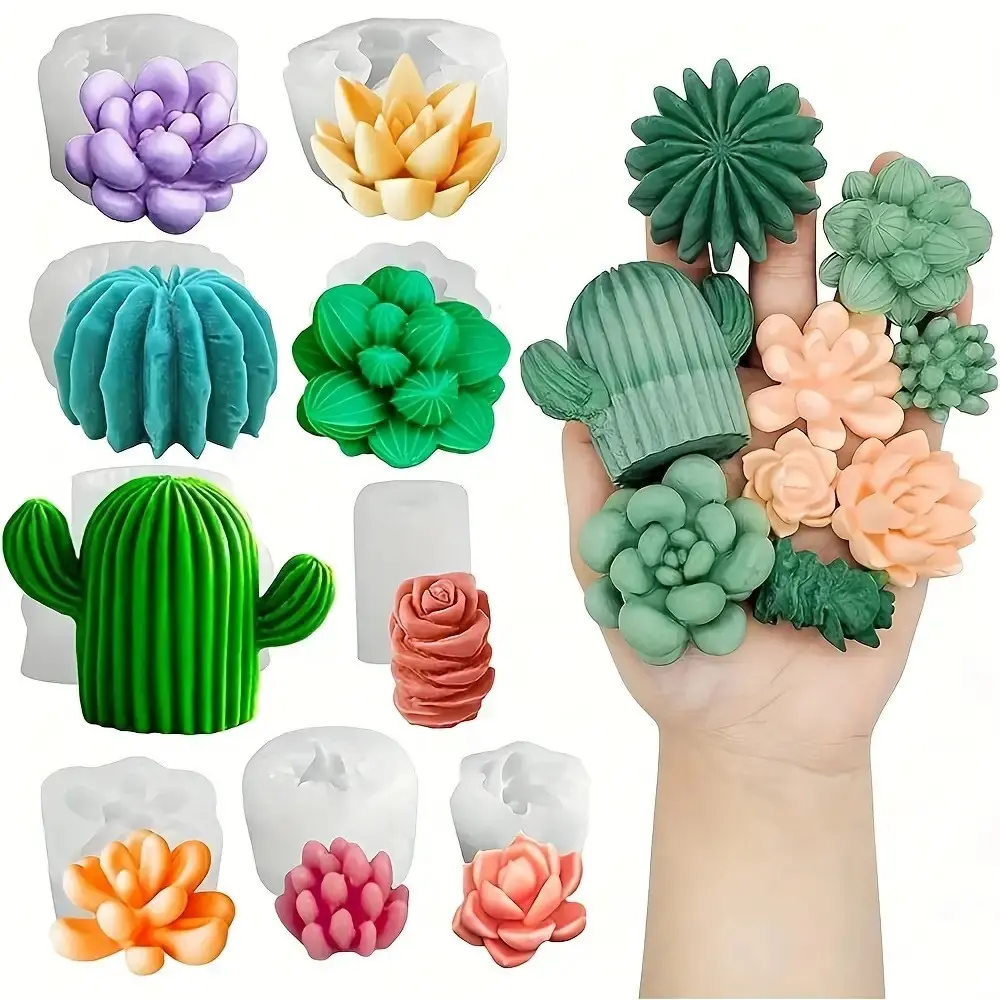 10pcs Handmade Silicone Mold Set for DIY Candle Making Supplies, Succulent & Cactus Pot Epoxy Resin Crafts, Round Plant-Theme Molds for Resin Art & Decorations