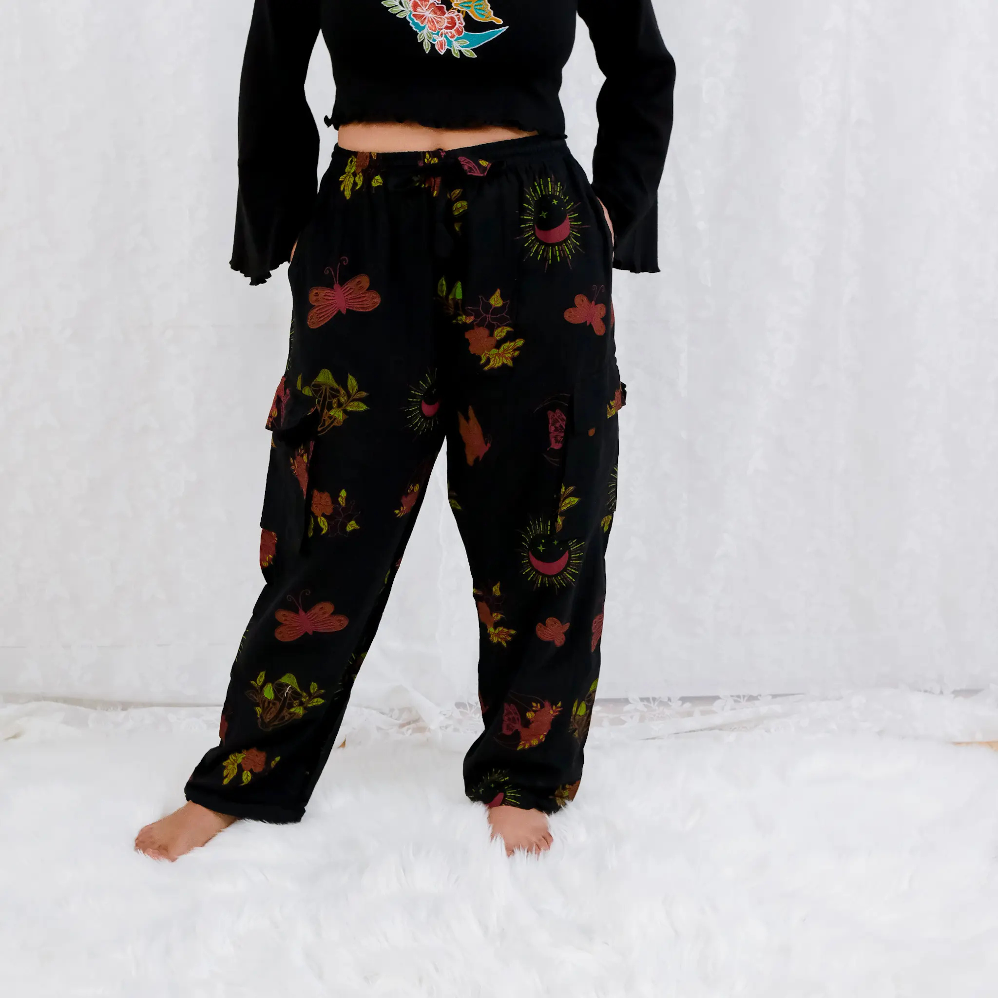Cotton Unisex Cargo Pants, Boho Mushroom Celestial Straight Leg Unisex Trouser, Block Print, Multi Pocket Hippie Pants, Bohemian Festival Pant, Mushroom Celestial Butterfly Print, Gothic Style Trouser,