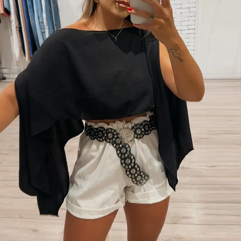 CHICME Women's Solid Color Off-the-Shoulder Split Sleeve Versatile Blouse with Bandeau Top