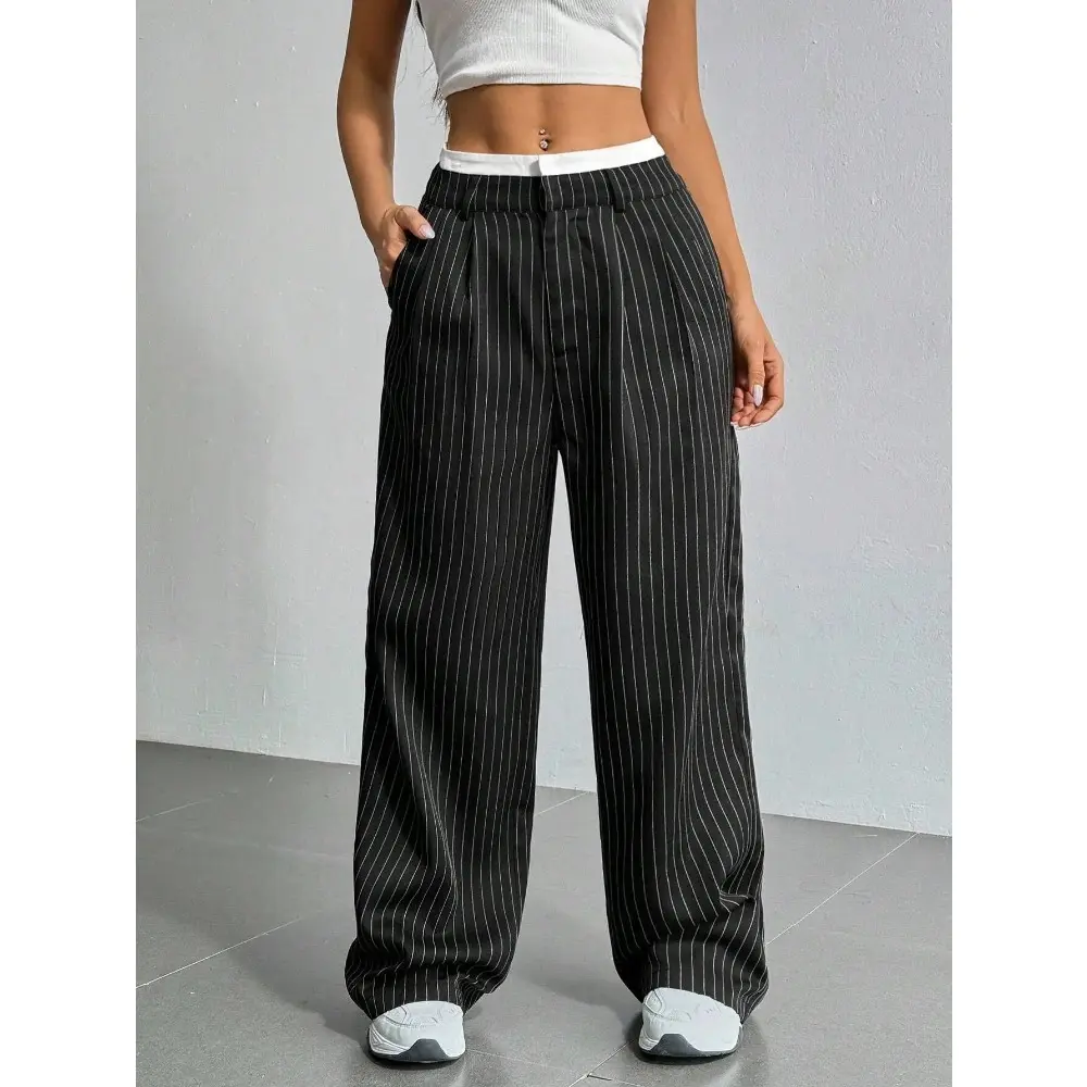 Women's Elegant Feminine High-Waist Pinstripe Bottoms with Pockets - Straight-Leg Stripe Patchwork Wide-Leg Trousers for Business Office Work, Outdoor Use, Belt Compatibility, Belts, Soft