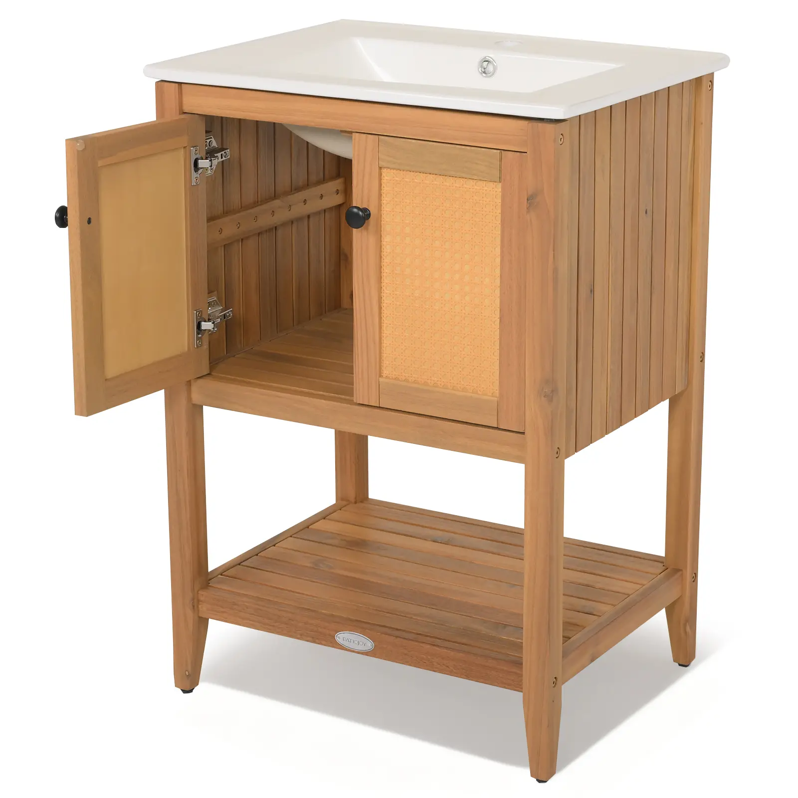 COSTWAY - Bathroom Vanity with Ceramic Sink 2 Rattan Doors and Slatted Shelf