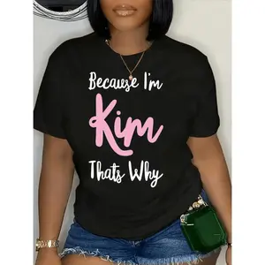 100% Polyester Geometric-Pattern Graphic Tee - Women's Casual Crew Neck T-Shirt - All-Season Comfort, 180g/m² Weight, "Because I'm Kim That'S Why" Design
