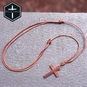 Handmade Wooden Cross Leather Necklace with Adjustable Length