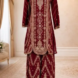 Chinon Silk Embroidered Designer Palazzo Suit with Detailed Resham & Zari Free Size 38 42 Womenswear Long Sleeve