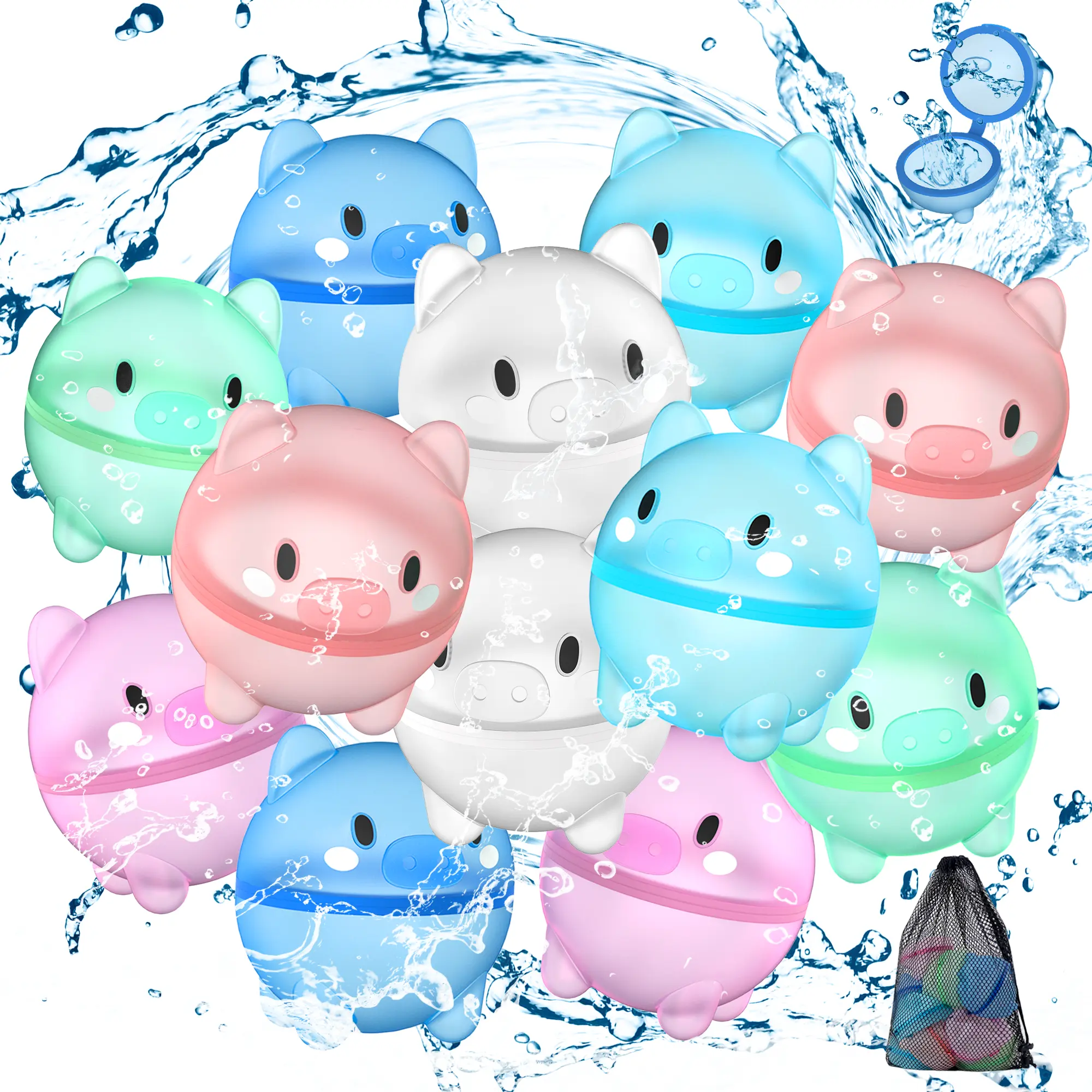 Reusable Magnetic Seal Water Balls - Cute Piggy Quick-Fill Splash Balls with Portable Mesh Bag for Kids, Pool Party, Beach Party, 8/12/16 Pack, Reusable Balls