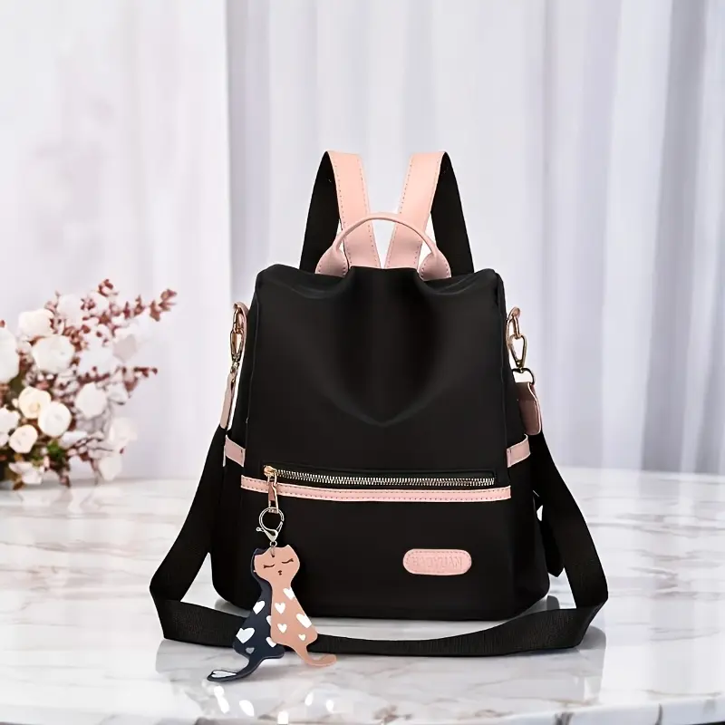 1pc of Trendy Women's Backpack, Women's Anti-theft Oxford Cloth Travel Backpack, Lightweight and Stylish with Large Capacity, Pink Shoulder Strap and Handheld, Golden Buckle