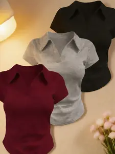 Women's Y2K Polo Shirt, Womenswear, Light & Thin Fabric Slightly Sheer V Neck Collared Short Sleeve Fitted Tee, Slim Curved Hem Casual Blouse, 2025 Summer Solid Color Basic Top, for Work Office, Party, TikTok Viral Aesthetic Minimalist T-Shirt
