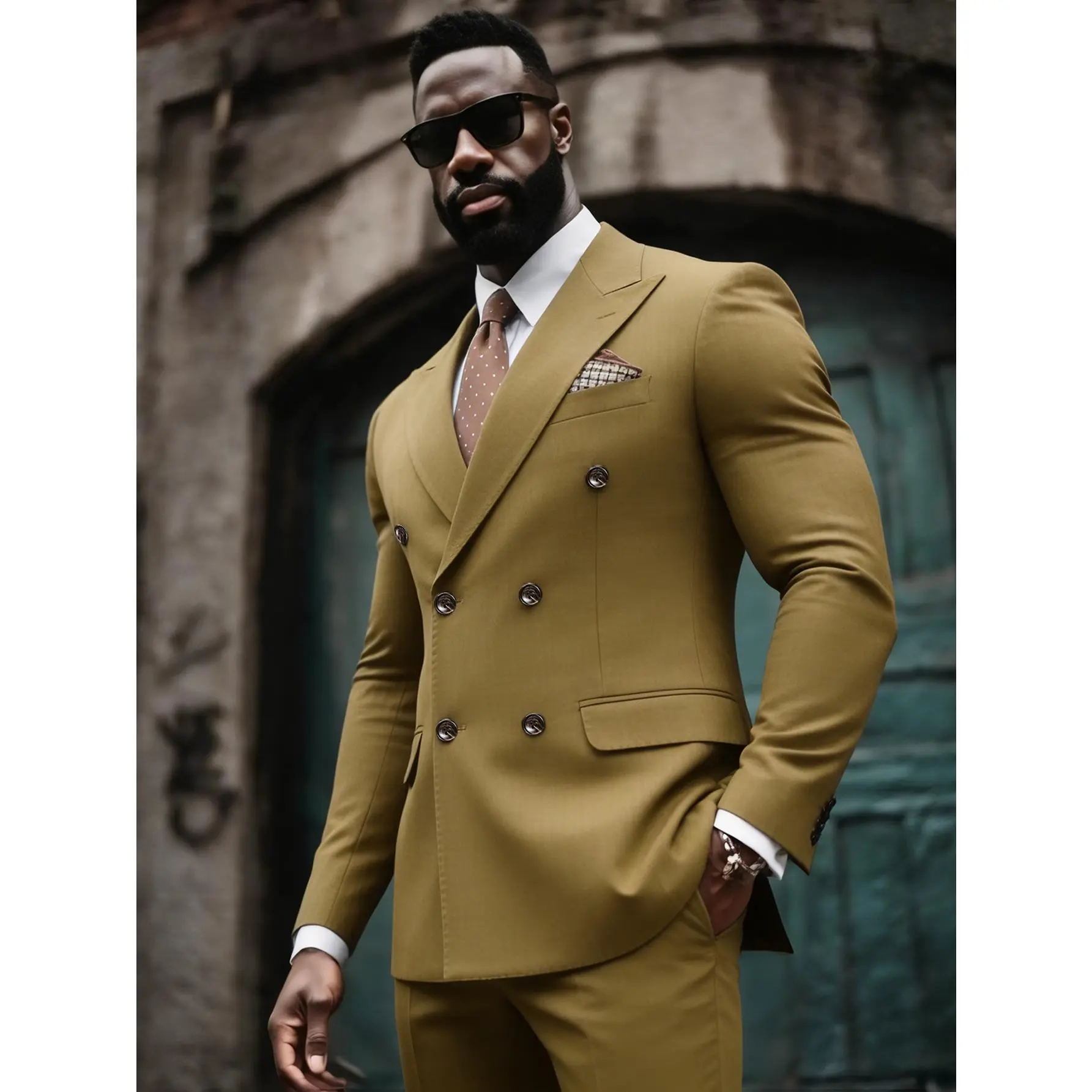 Men's 2 Piece Double Breasted Suit Set, Solid Peak Lapel Slim Fit Blazer Jacket & Pants for Wedding, Prom, Groom, Business & Formal Events Menswear Formal Wear