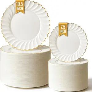60pcs Ivory Plastic Flower-Shaped Disposable Dinner Plates, Heat Resistant Reusable Elegant Tableware Set, Perfect for Parties Weddings Birthdays