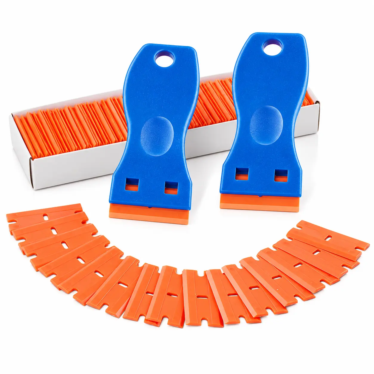 102PCS Plastic Razor Scraper Tool Kit, 2 Scrapers with 100 Replacement Plastic Blades, Non-Metal Scraper for Removing Stickers, Labels, Adhesive, Decals & Residue from Glass, Cars, Windows & Cooktops