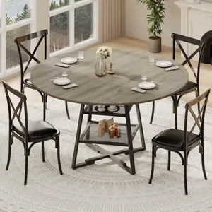 Garvee - Round Dining Table Set for 4 to 6 People, Circular Dining Table with Metal Base, 47-Inch Wooden Round Table, Wooden Kitchen Tables with Shelf