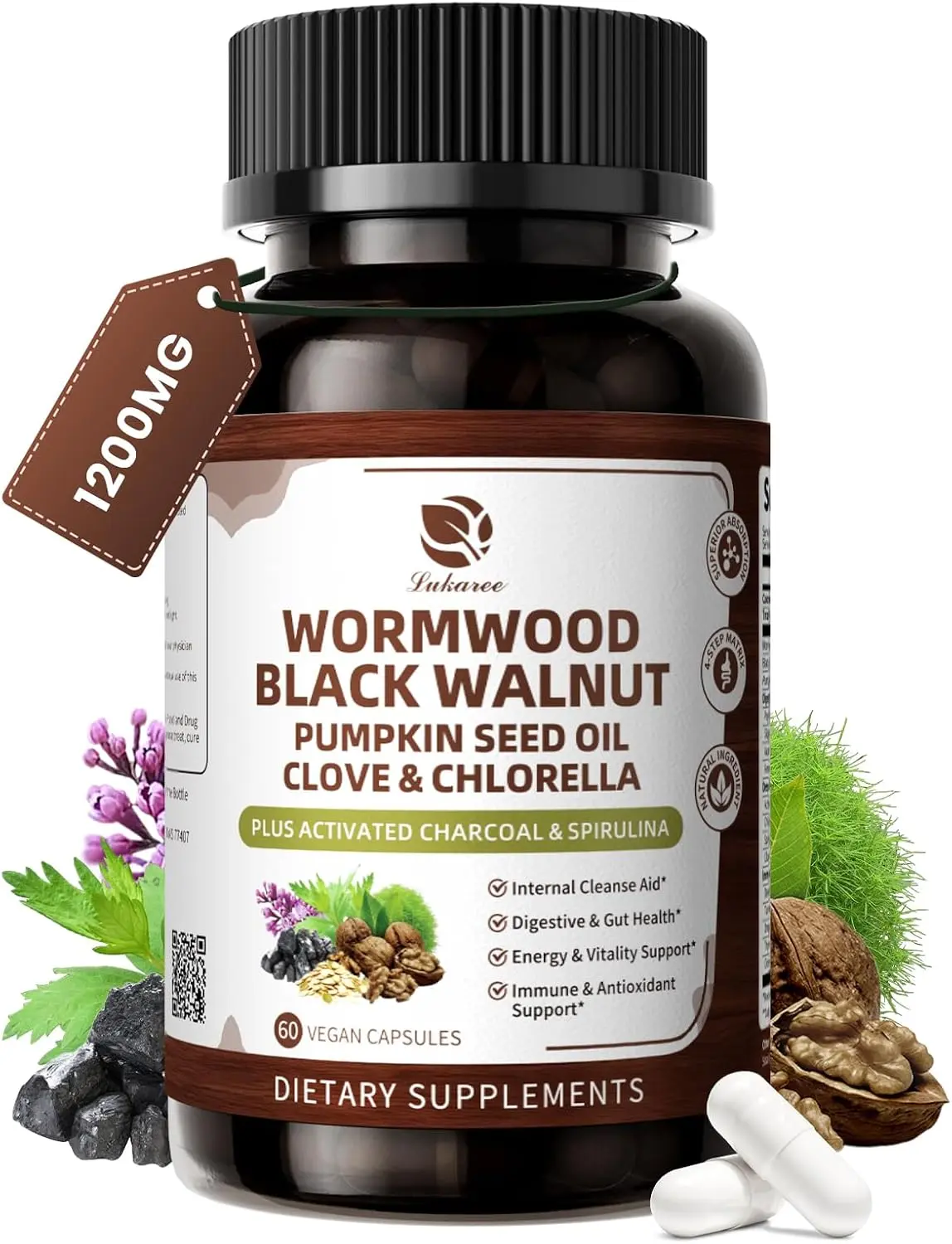 Wormwood Black Walnut Cleanse for Human 1200mg - Gut Health Supplement | Plus Pumpkin Seed Oil,Clove,Activated Charcoal for Daily Digestive Balance - Men & Women Probiotic Capsules -Vegan, 60 Count