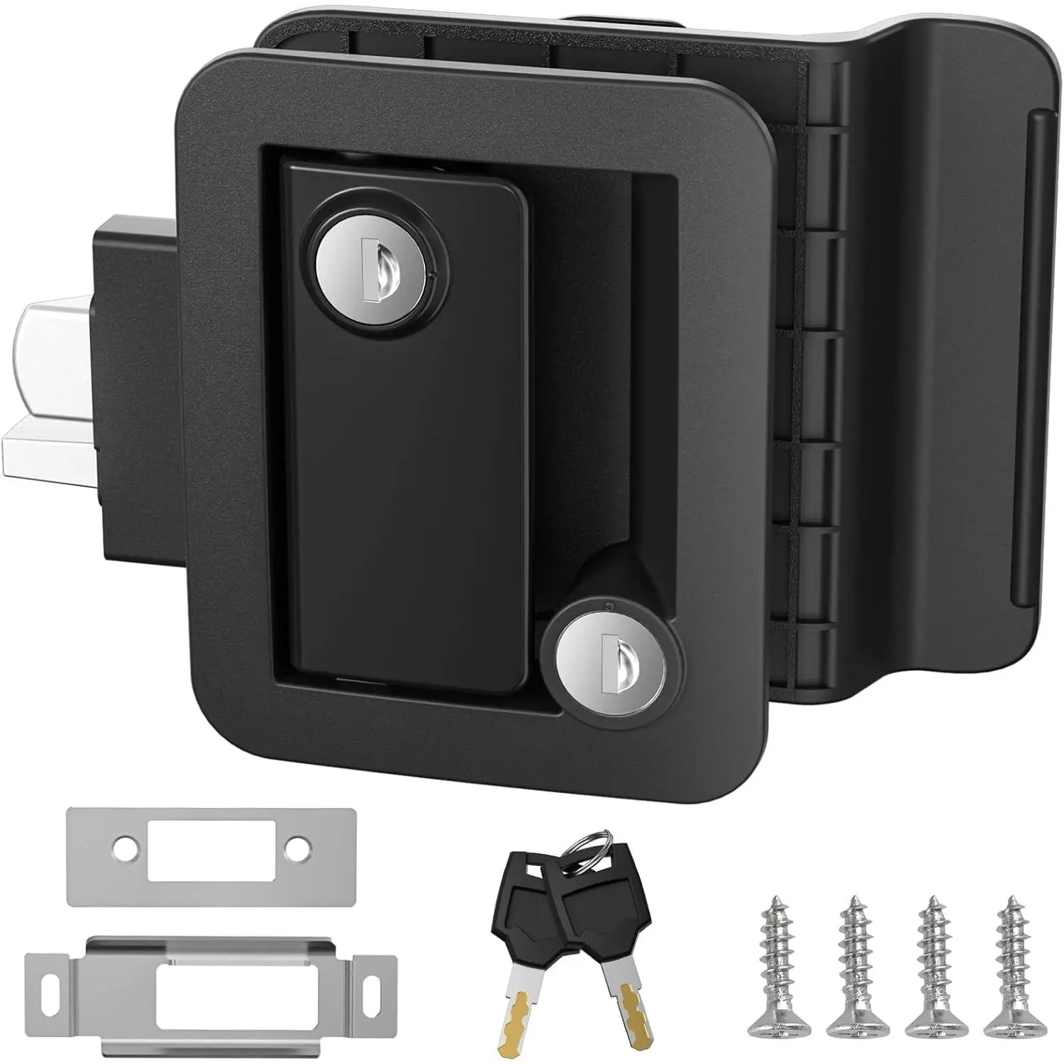 Upgraded RV Door Lock Replacement, Black RV Door Latch with Paddle Deadbolt, Fit 3.55" x 2.68" Lock Hole, Black Nylon Material Door Lock with 2  for Cargo Hauler Travel Trailer