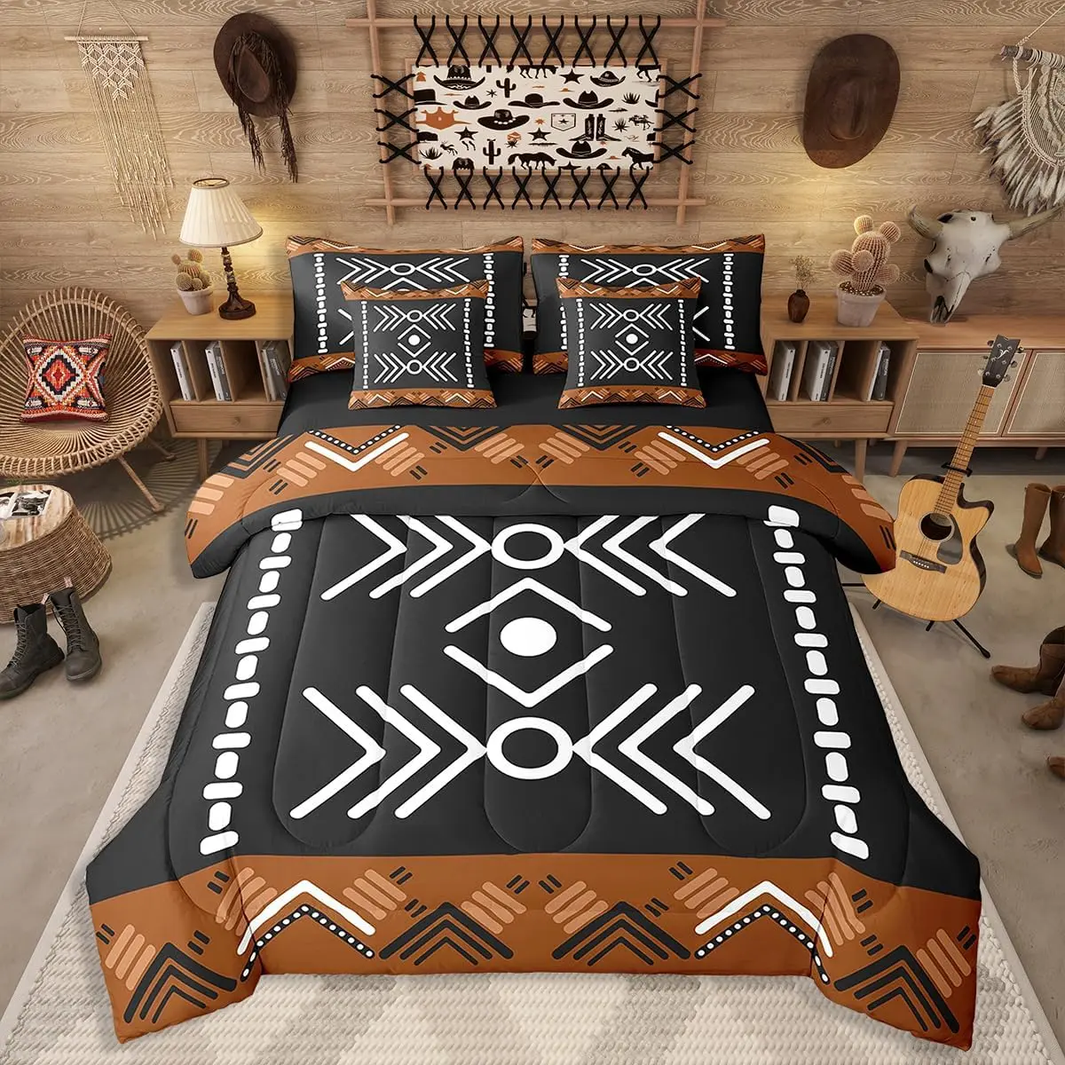 Feelyou 7-Piece Western Aztec Bed Sheet Set - Southwestern Geometric Decorative Bedding Set with Native American Navajo Comforter for Boys, Teens, Bed Sets