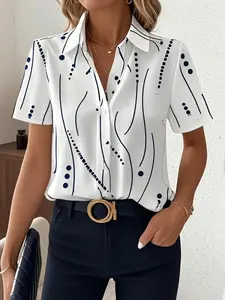 2026 Women's Womenswear Abstract Geometric Print Short Sleeve Button-Down Shirt, Casual Office Top, Summer Loose Fit Business Blouse