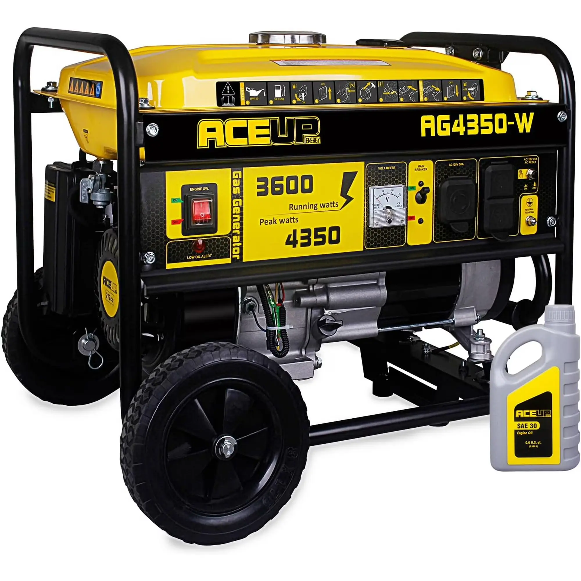 ACEUP ENERGY AG4350-W Portable Gas Powered Generator - 4350W Peak, 3600W Running, 7HP 212cc 4-Stroke OHV Engine, 60Hz, Wheel Kit, Engine Oil, Oil Funnel, EPA & CARB Compliant, Iron Metal Wrench, 1-Year Limited Warranty, for Outdoor Camping Residential Use