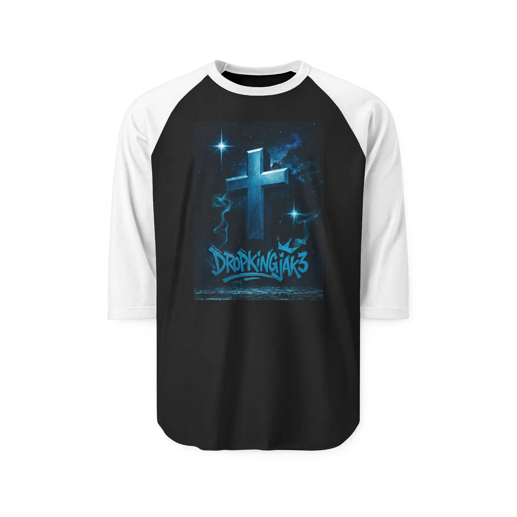 Blue Glowing Cross Graphic Raglan Shirt | Christian Faith Tee