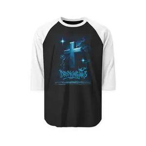 Blue Glowing Cross Graphic Raglan Shirt | Christian Faith Tee