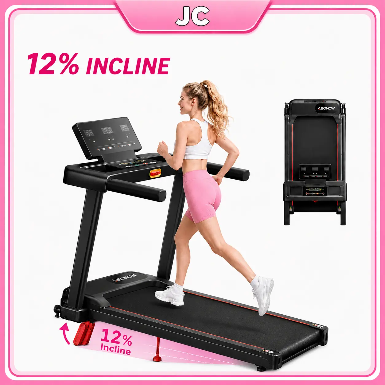 JC Foldable Incline Walking Treadmill - 3.0HP Quiet Motor, 12% Adjustable Incline, Dual-Layer Cushioning, LED Stats Display, Mobility Wheels, 300 lbs Weight Capacity, Robust Performance, Touchscreen Control, Home Workout Equipment, At Home Gym Equipment