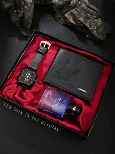 Men's Square Dial Watch with Eagle Wallet & Elegant Perfume, Sporty Style, Quartz Movement, Analog Face, All Seasons Wear