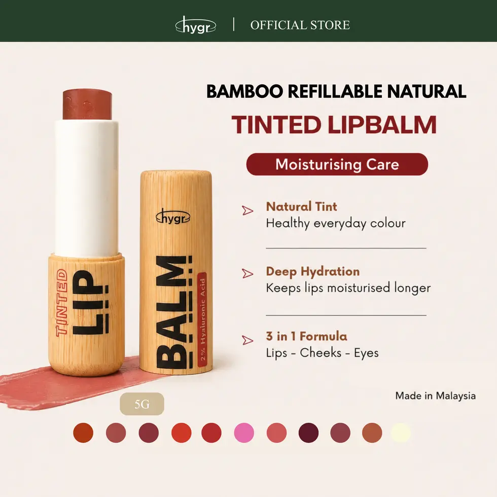 HYGR Bamboo Refillable Natural Tinted Lip Balm (4g) Hyaluronic Acid | Dry Lips Crack Lips | Natural SPF Protection