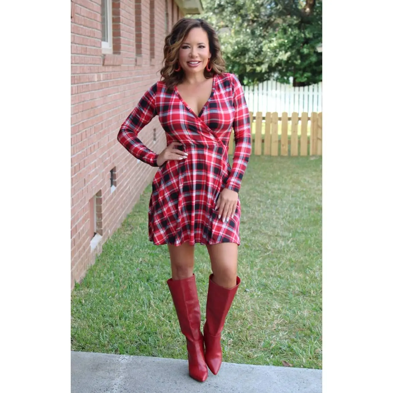 Highland Long Sleeve Plaid Skort Dress - Red