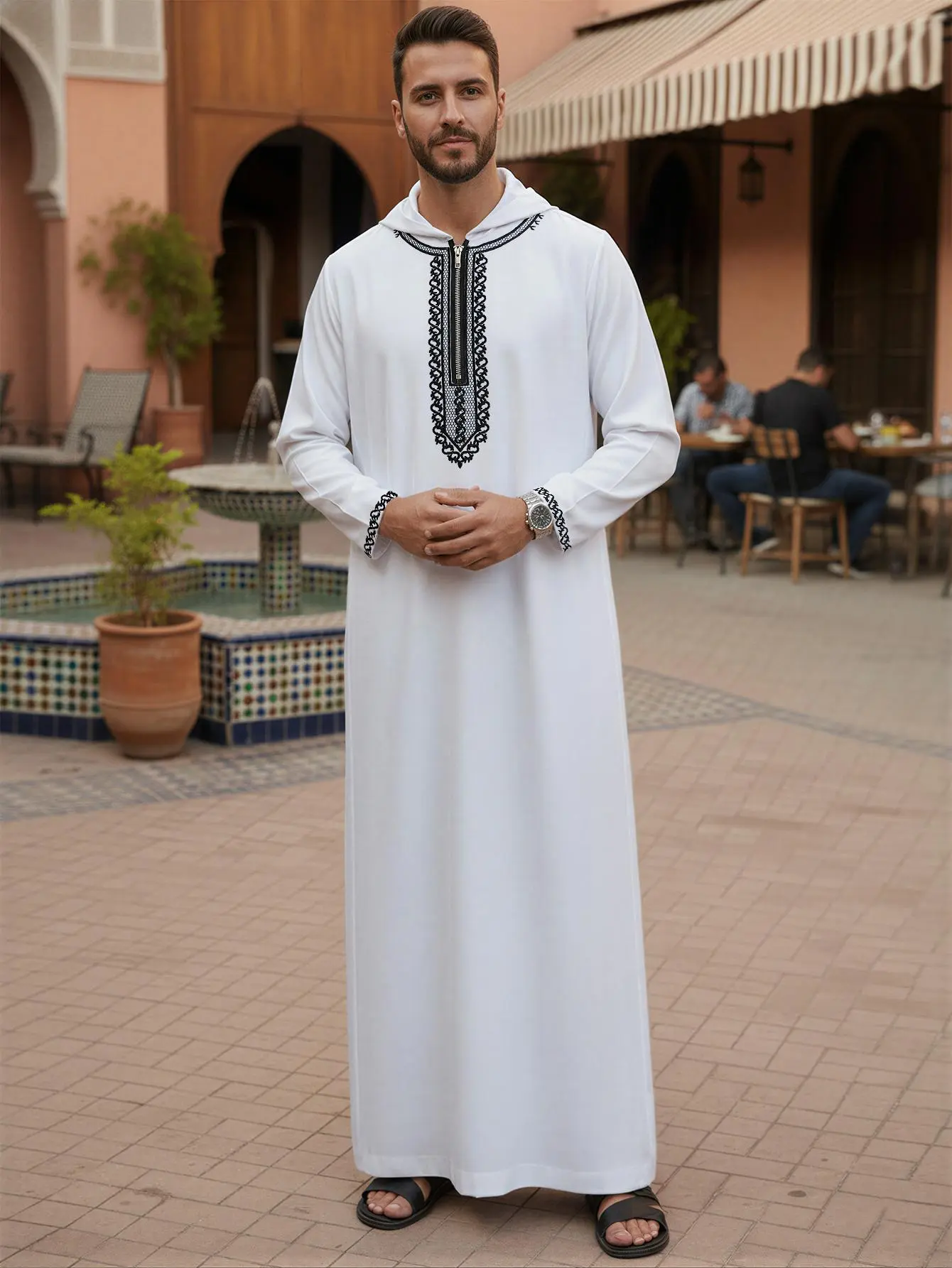 Men's Moroccan Hooded Thobe, Embroidered Muslim Robe with Pockets for Eid Ramadan & Daily Wear Modest Islamic Traditional Arabic Robe Jubbah