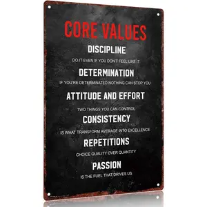 Core Values Motivational Wall Decor, Gym & Office Inspiration Sign with Discipline Determination Consistency Quote, Black Vintage Art for Workspace, 12x8 Inch