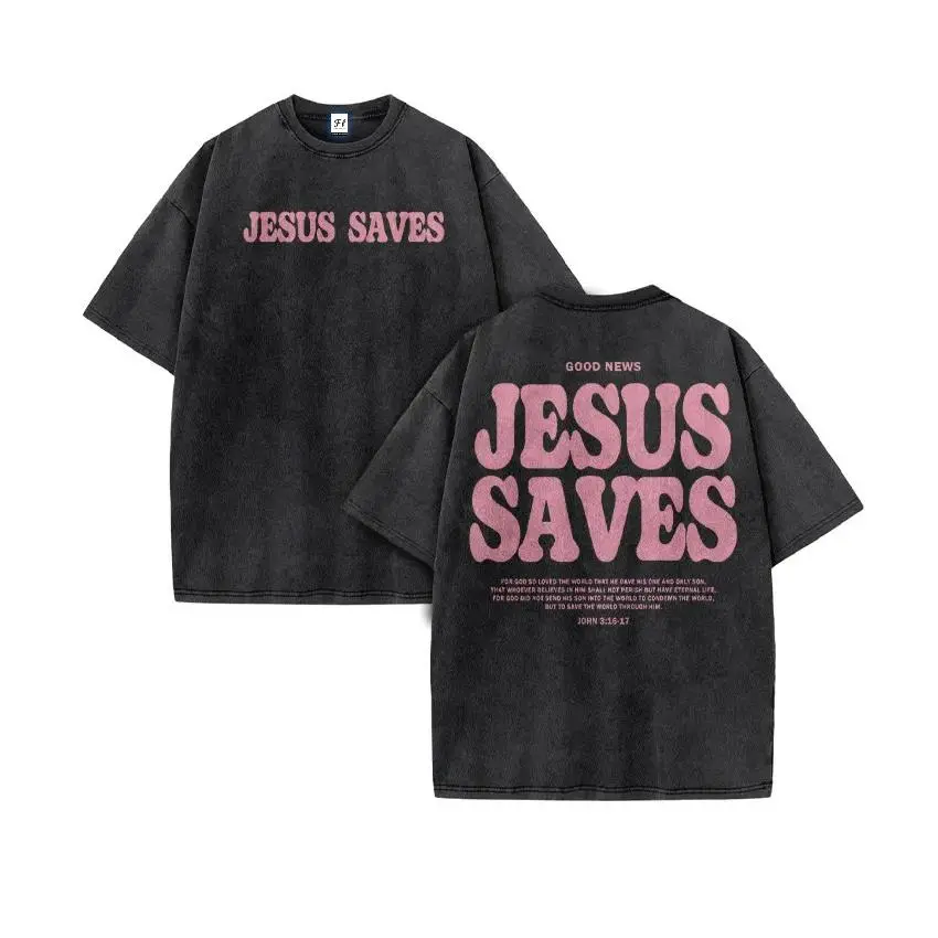 Unisex Acid Washed T-Shirt with Jesus Saves Christian Graphic, Light Silky Cotton Crew Neck, Breathable Garment for Daily Wear, Shortsleeve, Streetwear, Cardigans, Elegant, Comfortable, Day, Fit, Round Neck