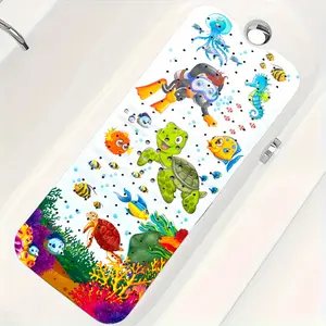 1pc Baby Bath Mat for Tub Kids Non Slip Bathtub Mat Extra Long 40X16 Inch Shower Mat Toddler Anti Slip Bathroom Tub Mat with Suction Cups & Drain Holes (Sea World), Machine Washable, Cartoon, Turtle Diver, Sea Turtles And Divers