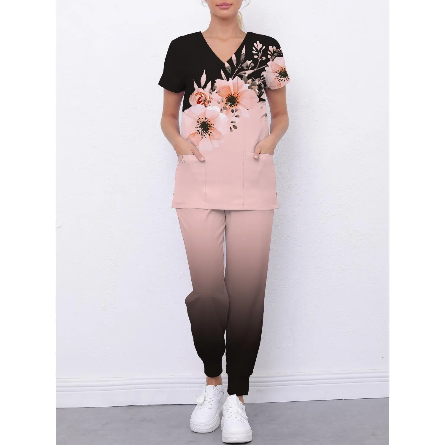 Women's 2-Piece Breathable Workwear Set: V-Neck Pocket Top & Cuffed Pants with S Print