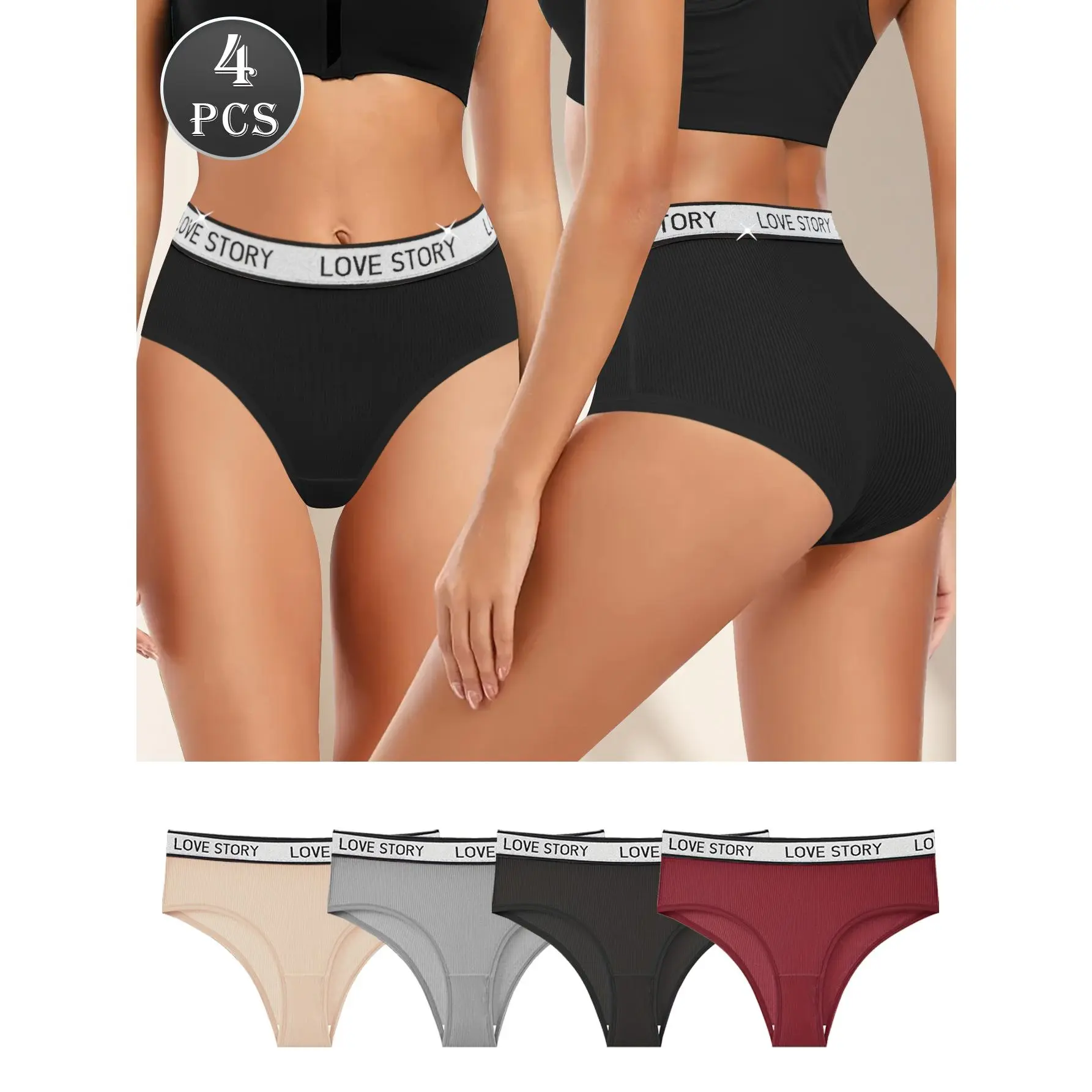 QUASTI Women's 4PCS Mid-Waist Aesthetic Printed Letter Cotton Panties - 4 Mix Colors, Soft, Comfortable, Lightweight Seamless Skin-Friendly Breathable Lady's Underwear for Daily Wear, S-XXL (Women's Clothes, Clothes)