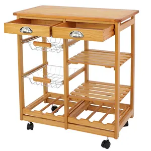 Segawe Natural Rolling Wood Kitchen Cart - Home Organizer Storage Trolley with Countertop Rack