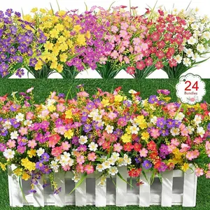 12/24 Artificial Spring Grass and Daisies, Outdoor UV-resistant Plastic Fake Greenery Shrubs. Suitable for indoor and outdoor gardens, windowsills, porch flower pots in bulk. Garden decorations, landscape ornaments, decorative items.