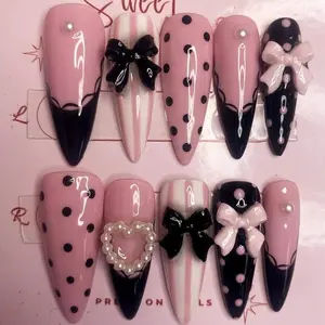 Handmade Press on Nails Set, Long Stiletto Shape French Tip, Polka Dot & Stripe Patterns, Hand-Painted 3D Bows, Pearl Accents, French Tips Nails