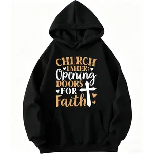 Black Crew Neck Long Sleeve Hoodie with Inspirational "CHURCH," "USHER," and "DOORS" Words and Heart Embellishments