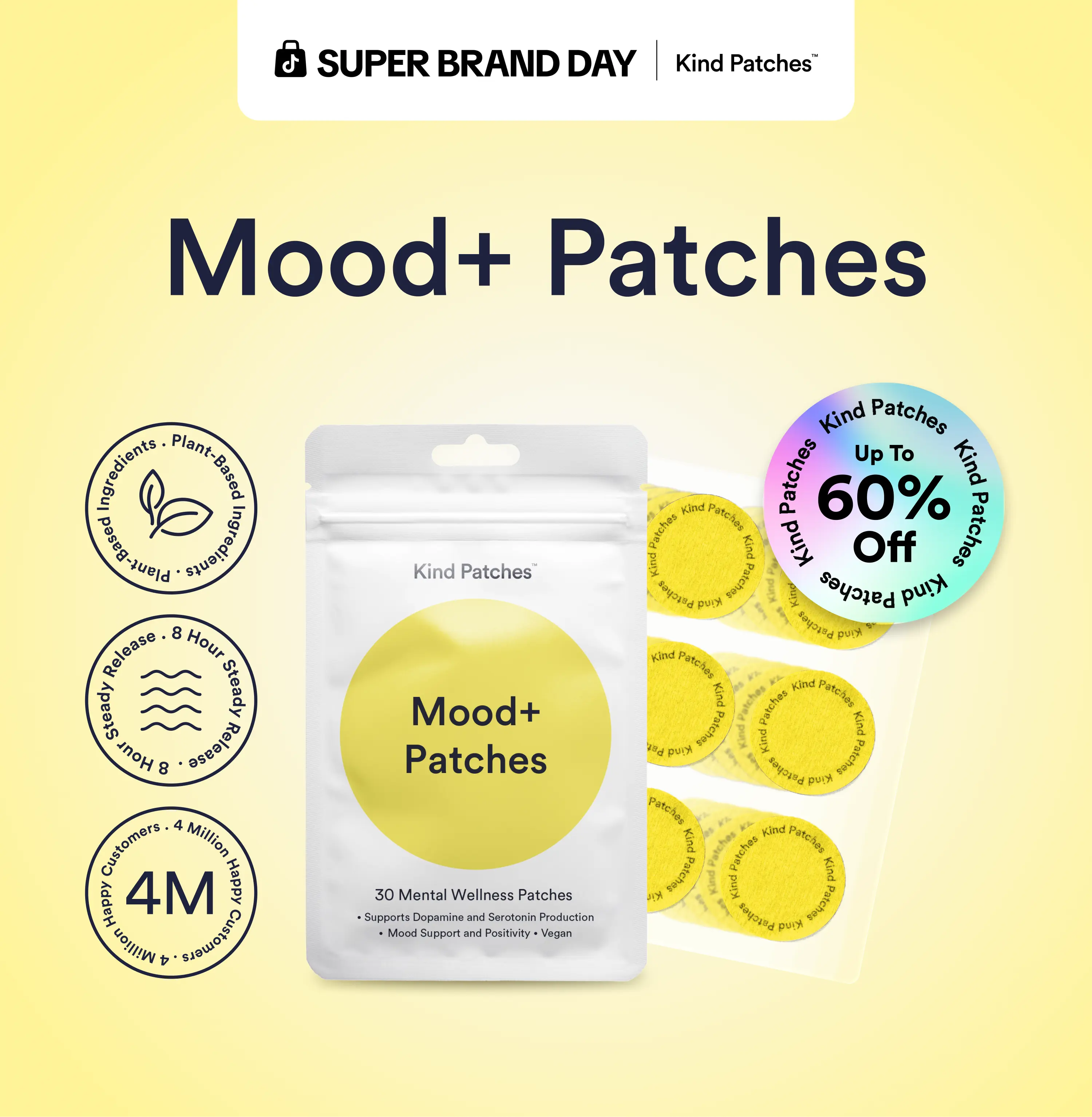 Kind Patches: Mood+ Patches: 30 Mental Wellness Patches: Supports Serotonin Production, Mood Support and Positivity, Vegan