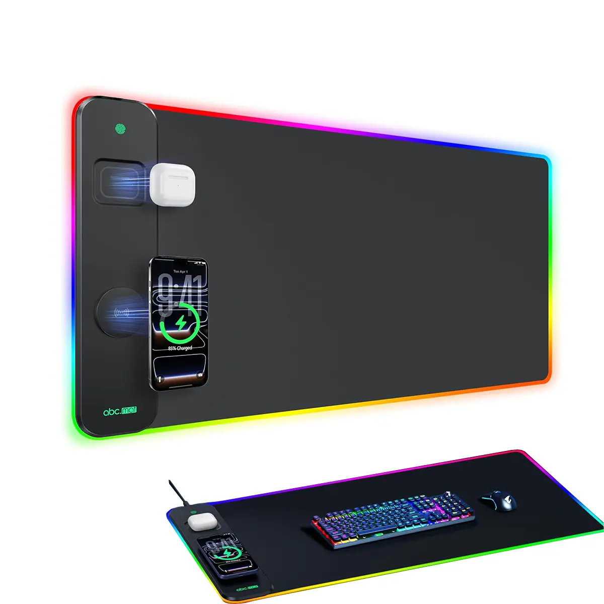 3-in-1 RGB Gaming Mouse Pad with Magnetic Wireless Charging 31.5"x15.8" Large 24 Light Effects Non-Slip Base Waterproof Ultra-Smooth Surface