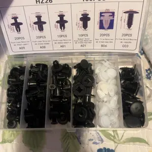 HE26 100-Piece Universal Automotive Expansion Screw Clip Set, suitable for mudguards, fenders, door panels, and other car components. Includes models C05, C20, C32, B01, D02, and A16. Car accessories.