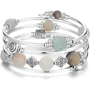 Beaded  Bangle Wrap Bracelet - Fashion Bohemian  Multilayer Charm Bracelet with Thick  Metal Beads,  For Women