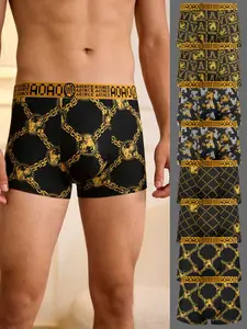 8 pcs black gold printed mid waist flat angle underwear, Stretchy Boxer Pants, Soft, breathable - elastic sports shorts, Suitable for daily wear and running exercise, Suitable for various activities, Men's four cornered underwear, Boxer Briefs