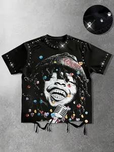Music Festival Short sleeved Men's and Women's T-shirts, Fashion Streetwear, Rap Singer Printed Diamond Singing Pattern Summer Geometric Hole Y2K, Menswear