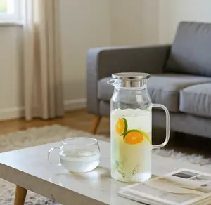 50oz Borosilicate Glass Water Pitcher with Stainless Steel Lid - High Temperature Resistant, Transparent and Durable for Beverages, Juice, Fruit Tea - Ideal Home