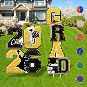 Graduation Yard Sign Class of 2026 Decorations, 4 count Large Size 2026 Grad  Black and  Glittering Congrats Grad Lawn Signs with Stakes for High School College Senior Graduation Party Supplies Outdoor Decor