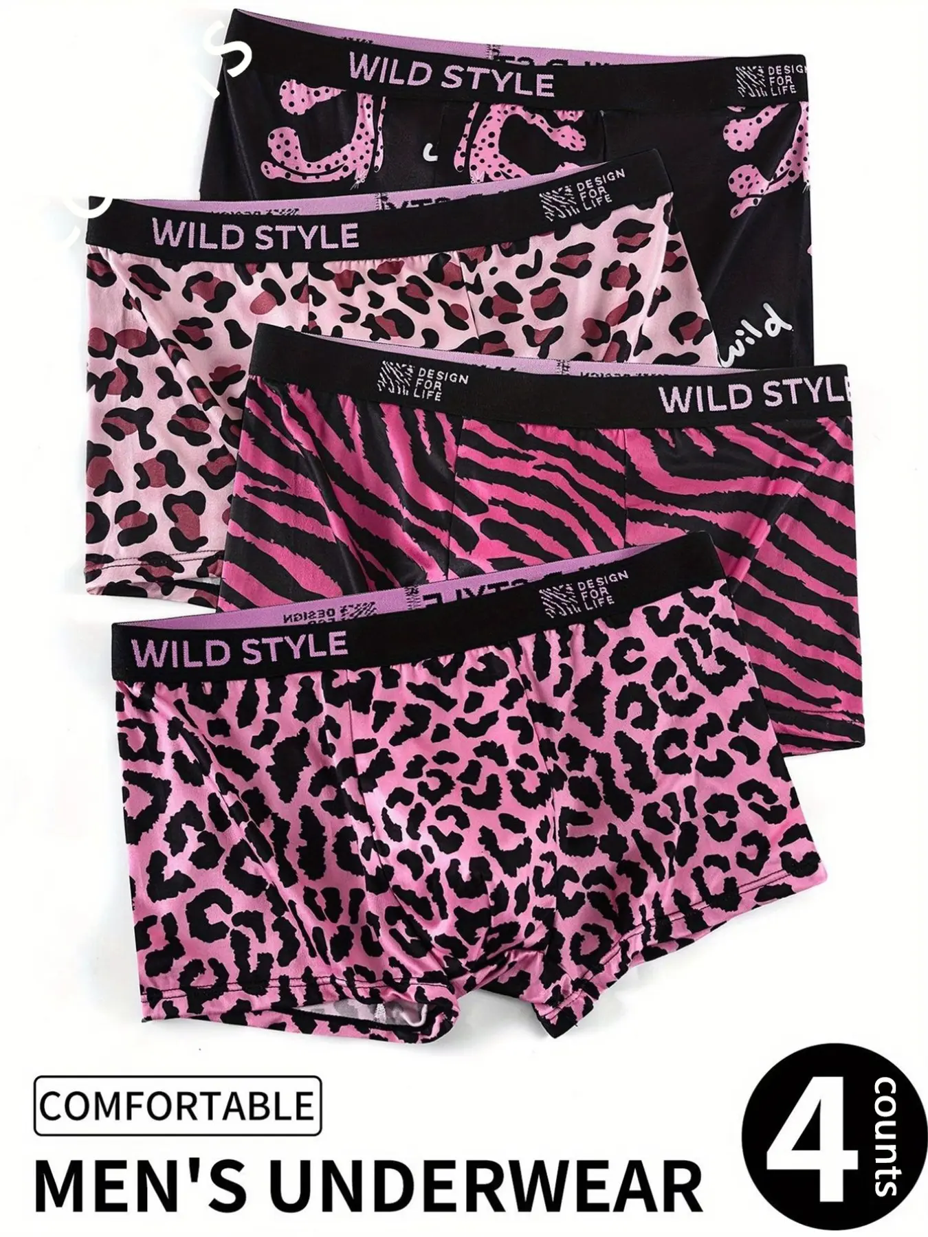 4 pcs men's printing leopard print flat cornered underwear, Casual Comfy Underwear, soft and comfortable, Suitable for daily home leisure, Breathable elastic fabric, Four season outfit matching, Breathable boxer briefs, Breathable Undergarments
