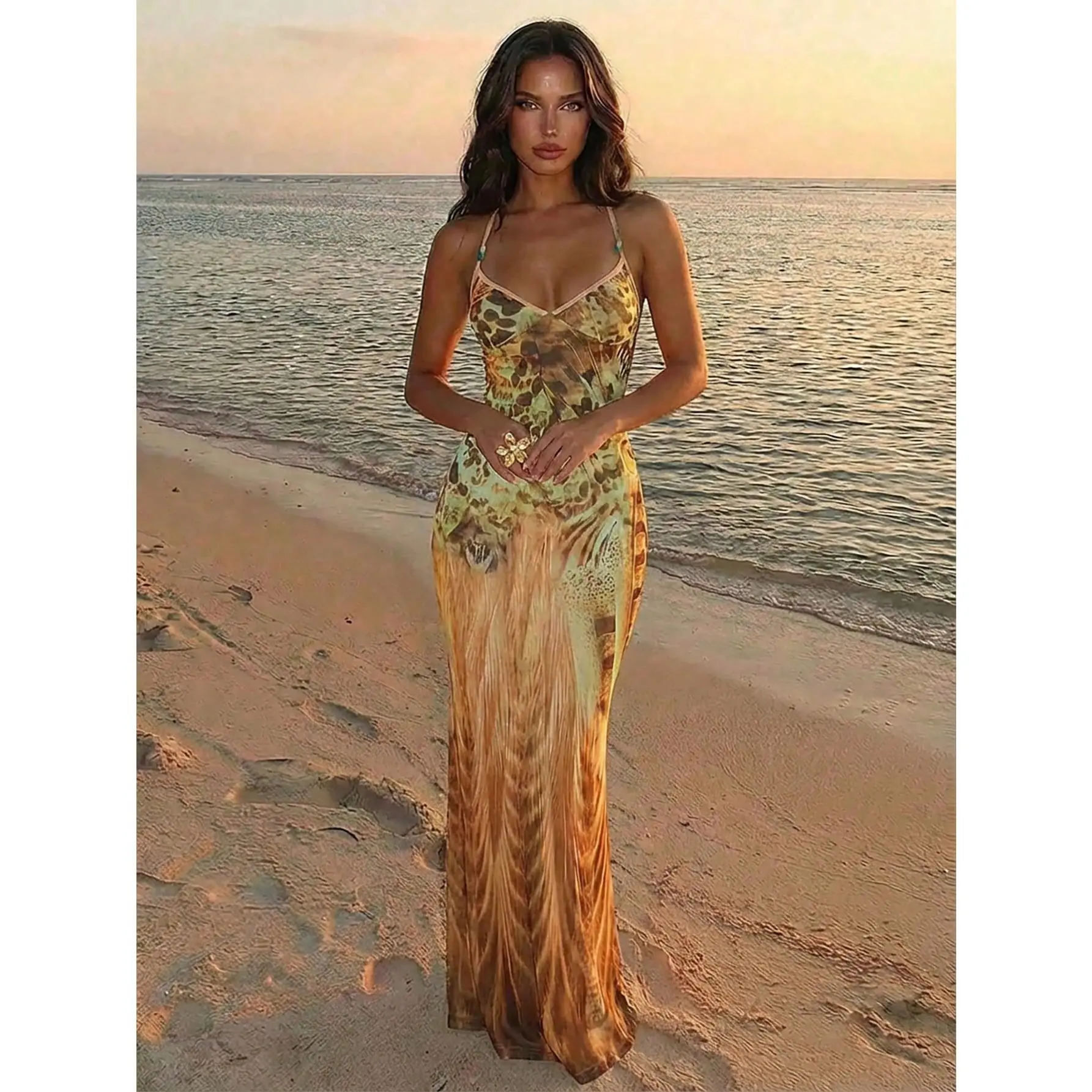Women's Spaghetti Strap Beaded Decor Leopard Print Fitted Dress,Summer Dresses For Women