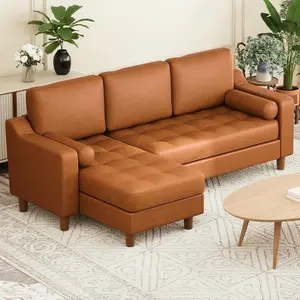 Garvee 88.9" L-Shape Sofa with Convertible Chaise, Sectional Leather Sofa with Deep Seat, Mid-Century Modern Design, 3-Seat Couch Available in Cognac Tan and Green, Modular Faux Leather Sofa for Living Room