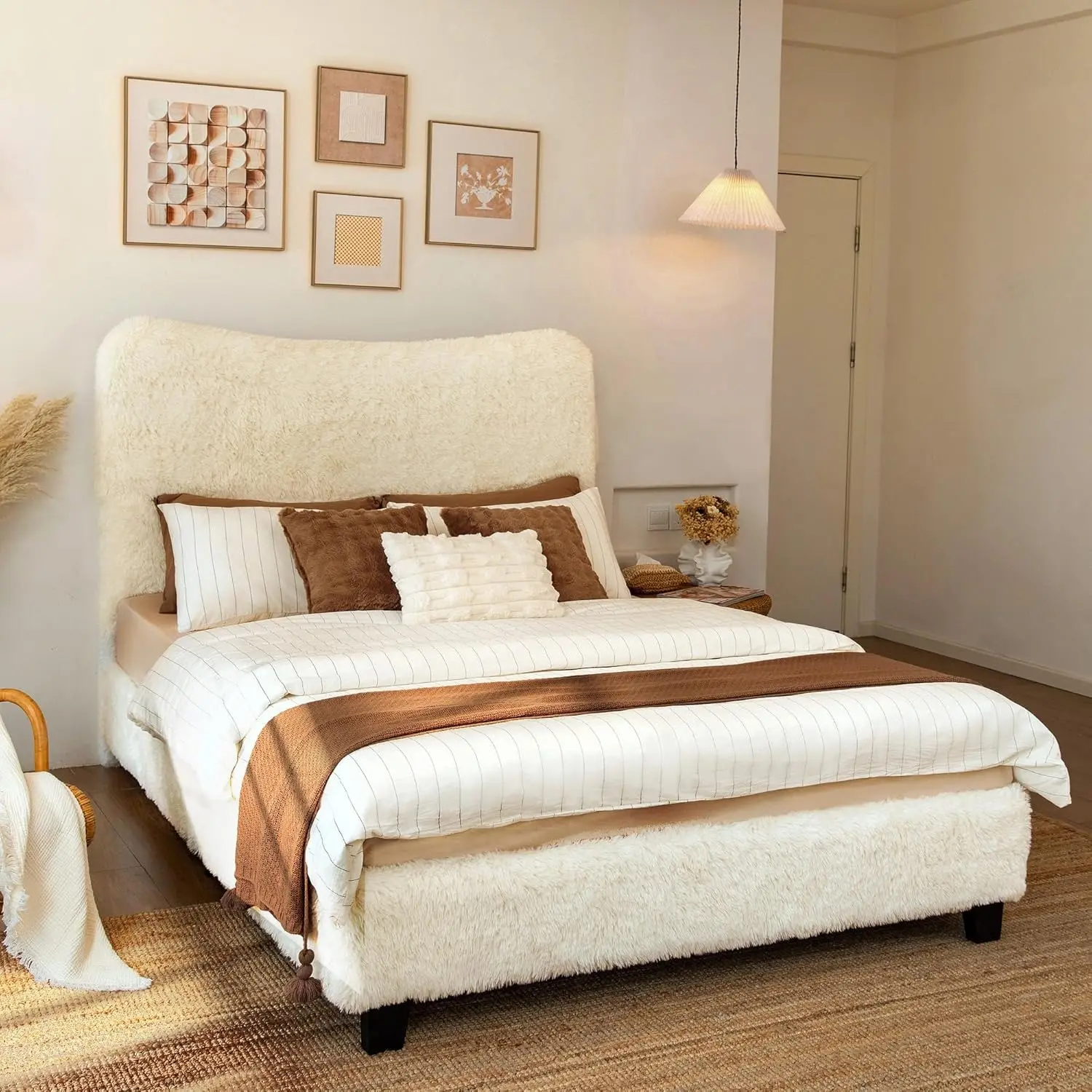 Yechen Bed Frame with Tall Headboard, Round Deluxe Soft Faux Fur Bedframe, Boho Boucle Cloud Upholstered Plush Bed with Metal Frame and Wood Slats, No Box Spring Required, Easy Assembly, (Beige, Grey) (Twin, Full, Queen), Boho Bedroom, Bed Frames, Framed